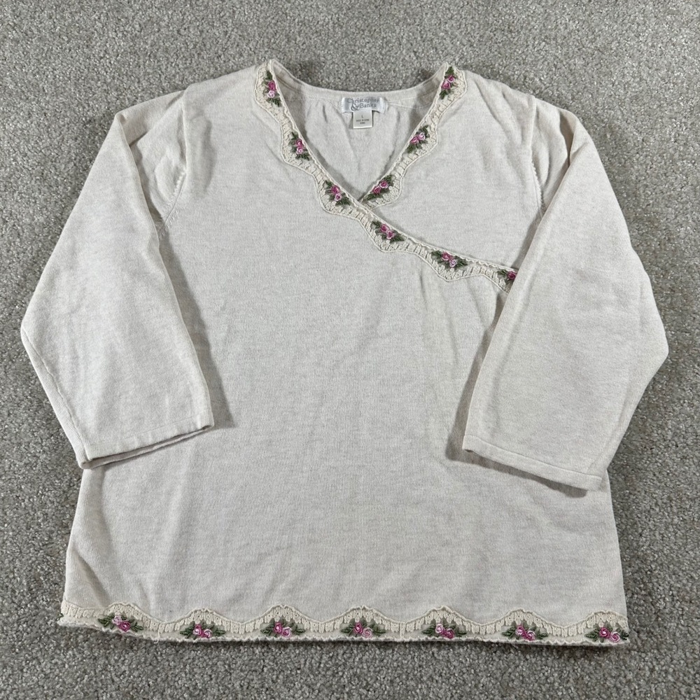 Boho Cottage Christopher & Banks Womens Cotton Knit Sweater Floral Beige Large